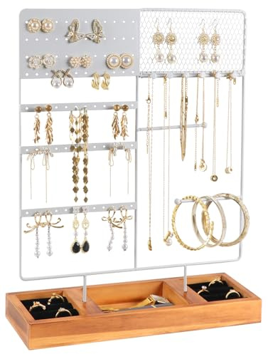Solkraes 4 Tier Schmuckständer Ohrringhalter, 84 Löcher Ohrring Ständer, Kettenhalter Ohrringe Aufbewahrung mit Holztablett, Schmuckhalter Aufbewahrung für Ohrhänger Ringe Halsketten Armbänder (Weiß)