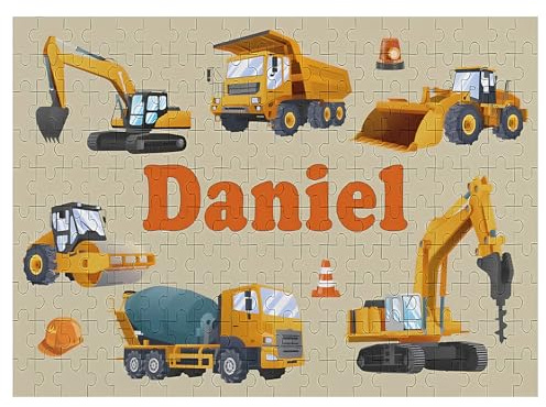 Personalisiertes Holz-Baufahrzeug-Puzzle mit Namen für Kinder - Individuelles Holzpuzzle mit Bagger und Kipplaster - personalisiert Geburtstaggeschenk für Jungen - Lernspielzeug für Kleinkinder
