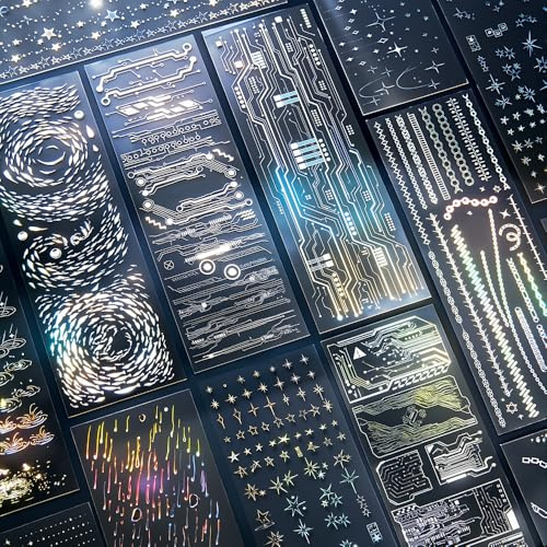 12 Blätter Holografisch Laser Silber PET Scrapbook Stickers Regen Landschaft Stern Kette Punk Chip Schaltkreis Koreanischer Junk Journal Sticker Aesthetic Fotokarte Deko Sticker Journaling Zubehör