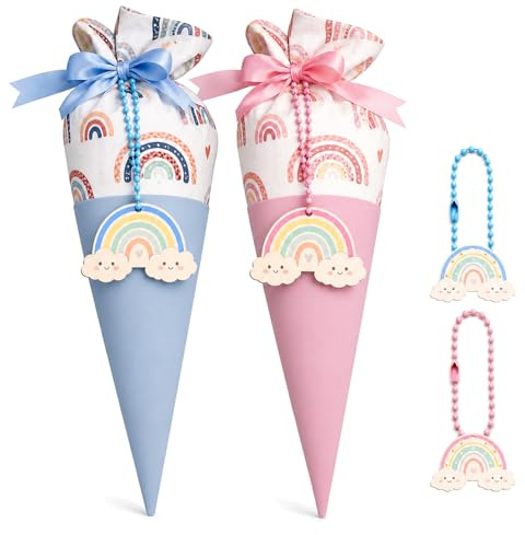 Scinzene Schultüte Klein 50 cm 2er Set Mädchen & Junge, Mini Schultüten zum Befüllen aus Stoff, Zuckertüte Mädchen Junge mit Regenbogen Holzanhänger, Geschenktüte Einschulung Blau Rosa
