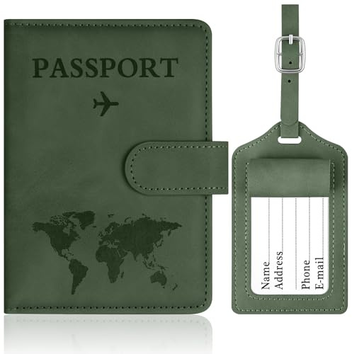 OFFCUP Funda Pasaporte, Porta Pasaporte con Bloqueo RFID, Cuero de PU Porta Documentos Viaje con Identificador De Maletas para Pasaportes Tarjetas Crédito Funda Tarjeta Identific (Verde)