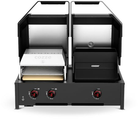 Cozze® Quattro 900 – Grill 4-en-1, Barbecue Gaz avec Plancha & Four à Pizza | Station Cuisine Extérieure 13kW avec Brûleurs Infrarouges, Pierre Cordiérite, Plancha Fonte Émaillée & Boutons LED