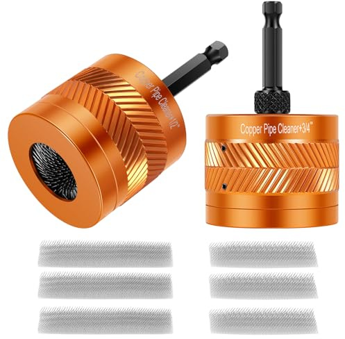 1/2 & 3/4 (15mm & 22mm) Copper Pipe Cleaner Set for Drill, Aluminum Tube Cleaning Brush with 1/4 Hex Shank & 6 Replacement Brush Blades, Plumbing Tool for Rust & Paint Removal