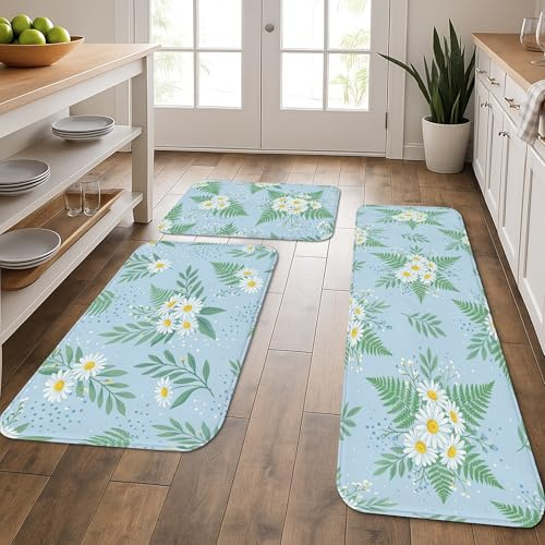 Tapetes de cocina florales para piso, patrón de crisantemo azul, tapetes suaves vintage, acolchados con resorte, cómodos, lavables, decoración para fregaderos de cocina, lavandería, baño, 3 piezas