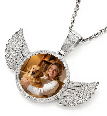 Personalized Memorial Necklace with Picture, Custom Circle Chain Angel Wings, Customized Photo Necklace for Men Women Family Memory Necklaces Anniversary Memorial Gifts for Boyfriend (Silver)