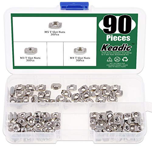 Keadic 90Pcs 2020 Series T Nuts, M3 M4 M5 Hammer Head Fastener Drop in T Slot Nut Assortment Kit with Organizing Box for Aluminum Profile - Carbon Steel Nickel Plated