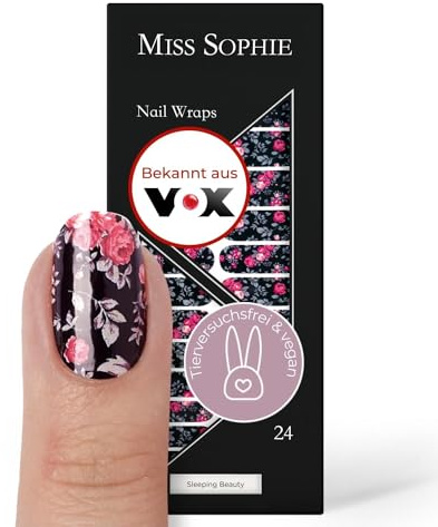 Original Miss Sophie Nagelfolien Sleeping Beauty I 24 ultra-dünne Nagellack-Streifen mit dunklem Blumenmuster I Für Finger- & Fußnägel I Hält auf Natur- sowie lackierten, Acryl-, Gel- & Shellac-Nägeln