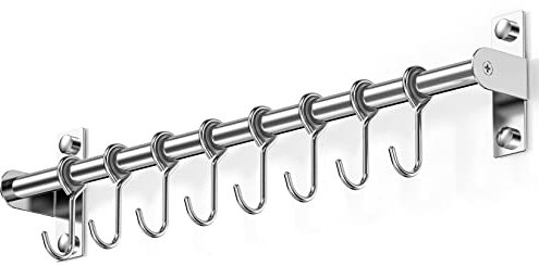 jopoo Küche Edelstahl Hängeleiste, Hakenleiste mit 8 Bewegliche Haken, Utensil Küchenreling Selbstklebender ohne Bohren, 40cm