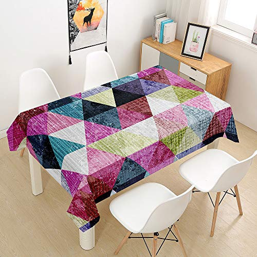 Morbuy Tischdecke Abwaschbar, Dreieck Patchwork Tischtuch Rechteckig Tischwäsche Gartentischdecke Outdoor Tischdekoration Wasserdicht Polyester Ölfest Pflegeleicht (140x160cm,Fuchsie)