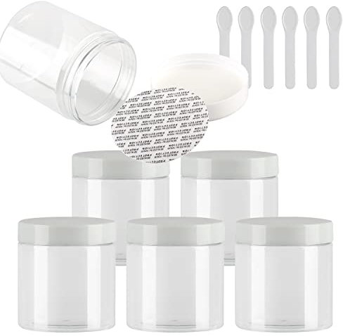 TIANZD 6 Pieces Empty 250ml White Plastic Cosmetic Jars with White Screw Lid 250g Small Pot for Cosmetic Travel Homemade Cream Gel Lip Balm Salve Storage Containers+ 6x Spatula