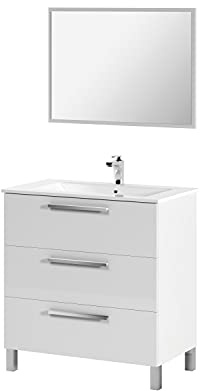 Dmora Mobile sottolavabo a Tre Specchio con Cornice, Colore Lucido, cm 80 x 86 x 45, Bianco, 3 cassetti