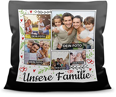 PR Print Royal Kissen selbst gestalten Satin - Familien Collage mit 5 Fotos Bedrucken - Unsere Familie - Geschenk Geburtstag Weihnachten - Fotokissen satiniert inkl. Füllung, 40x40 cm