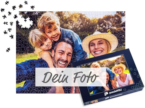 puzzleYOU Fotopuzzle selbst gestalten - 1000 Teile Fotopuzzle individuell Bedrucken, Schachtel-Design Blau - Puzzle 48 bis 2000 Teile mit eigenem Bild erstellen