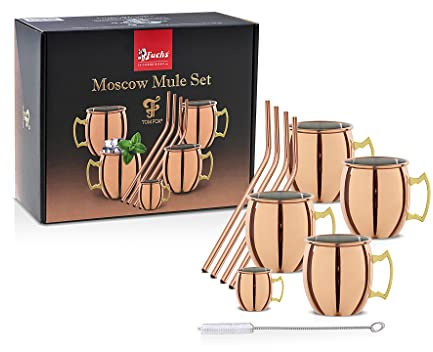 Moscow Mule Set Kupfer Optik - 4 Becher 550ml. - 1 Jigger 10-20-40-60ml. - Strohhalme 6 x 23cm - 1 Strohhalmbürste 18 x 1cm