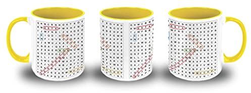 MERCHANDMANIA TAZA AMARILLA Original sopa de letras con mensaje casa hogar color mug. Diseño de KUKYS de Carmen Ubago