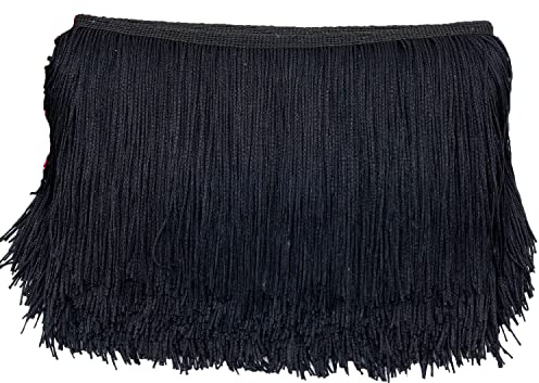 15cm x 2m Fransenborte Fransenbordüre Fransenband Dekoband Tanzfransen Schnittfranse Seide Quaste Fransen-Borten Bänder zum Nähen,DIY Basteln,Kleidung Dessous Kostüme Vorhänge Dekoration,Schwarz