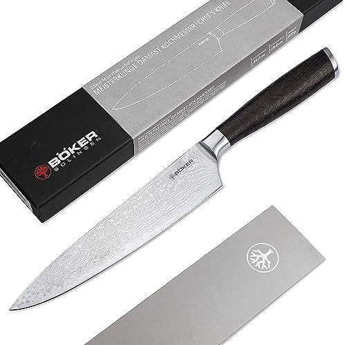 Böker SOLINGEN® Meisterklinge Damast Kochmesser mit Holz-Griff aus Räucher-Eiche - Profi Chef-Messer 20 cm mit extrem scharfer Hybrid-Klinge in edler Geschenk-Box