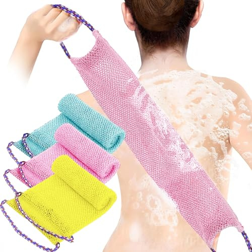 TENQUAN 3 Piezas Exfoliante Esponjas Africanas Esponja Africana de Red cos Asas Esponjas para el Baño de Tela Larga para Exfoliación Corporal de Espalda Adultas Uso Diario(rosa, verde, amarillo)