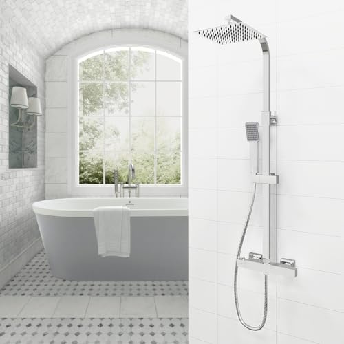 Colonna Doccia, OCEAN ITALY, Saliscendi Doccia con Miscelatore Termostatico, Fissaggio Regolabile 14-16cm, Set Doccia con Soffione e Doccetta Quadrati per Box Doccia