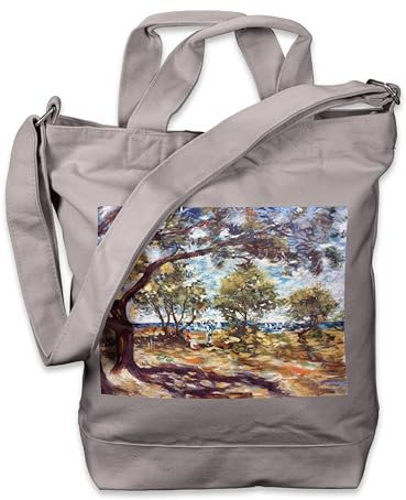 Kiwistar - Einkaufstasche Canvas Tote Bag - Grau - Pierre-Auguste Renoir Tree - Tragetasche bedruckt - Extra Fach für Smartphone & Geldbeutel - lange & kurze Henkel - Shopper