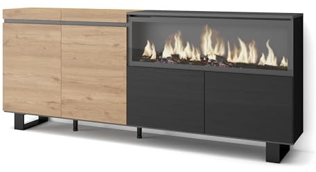Skraut Home | Sideboard, Highboard | Kommode, Komodenschrank | 210 | 4 Türen | Elektrokamin XXL | Industriedesign | Moderner Stil | Eiche Schwarz