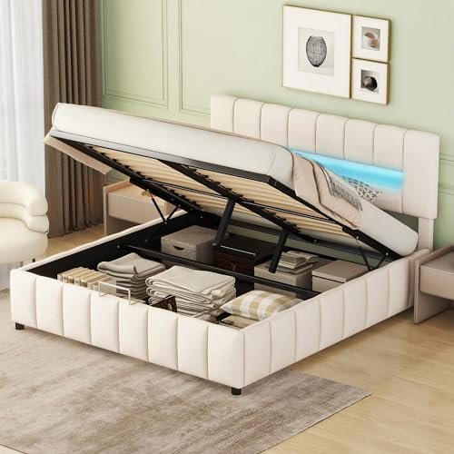 Polsterbett 180x200, Doppelbett mit Lattenrost und Stauraum, Hydraulisch Stauraumbett mit LED-Beleuchtung, Rückenlehne Bettgestell Jugendbett Funktionsbett Familienbett, ohne Matratze, Samt, Beige