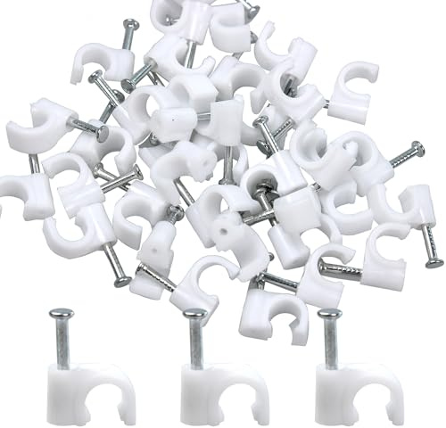 PDETVEO 100PCS White Half Clamps J-Hook with Nail, 1/4 Inch Nail in Cable Clips Ethernet Cable Nails for Tubing Pipe Support
