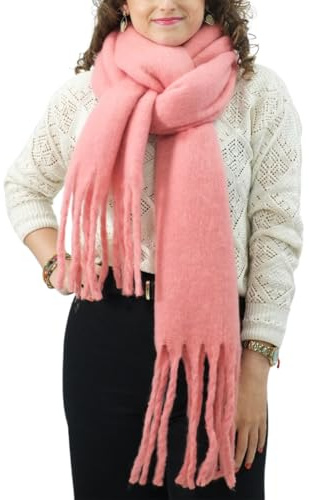 XIFRIKA Bufanda de Mujer para Invierno Tamaño XXL 248x39cm Lisa de Color Rosa. Bufanda Suave, Cálida, Extragrande. 100% Poliéster con Flecos para Uso Diario