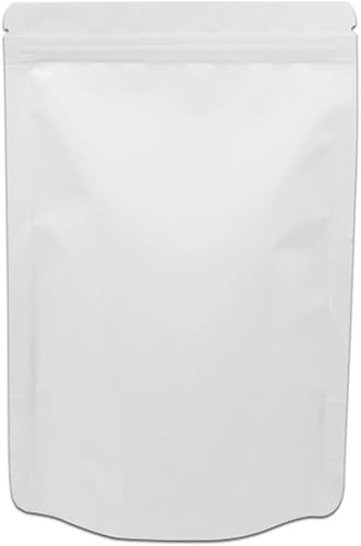 CANLENPK 50 Sachets Alimentaires Réutilisables en Mylar 240μm-Sacs Étanches Anti-Humidité/Opaques/Barrière à l'Air,Design Tenue Debout,Zip Fermeture Réutilisable,Thermoscellable (10x15cm,Blanc Mat)