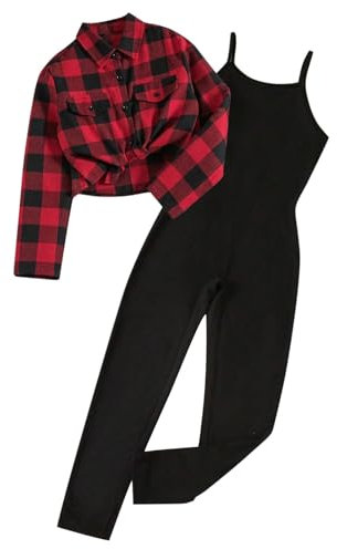 XINYUNZU Mädchen Jumpsuit mit Kariertes Hemd Langarm Kuschelanzug Mode Klamotten 2 Teilig Set Kinder Kleidung Sportanzug Bekleidungssets Tages Angebote Sale Wein 10 Jahre