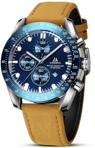 LN LENQIN Orologio Uomo Cinturino Pelle Orologio Analogico al Quarzo per Uomo Impermeabile Luminoso Classico Elegante Moda Sportivo Affari Orologio da Polso Con Datario (Brown Blue)
