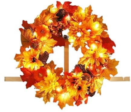 Corona artificial de espuma de 45/50 cm, conos de pino falso, hojas de arce, corona para decoración de guirnalda de otoño (45 cm con luz)