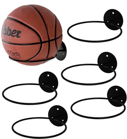 Porta Palloni da Muro, Smavles 5 Pezzi Supporto Per Pallone, Supporto Da Parete Nero, Espositore Per Pallone Per Pallacanestro, Basket, Calcio, Pallavolo, Rugby(Metallo Nero)