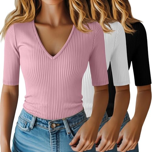 Riyiper Confezione da 3 Magliette da Donna a Maniche Corte in Cotone a Coste con Scollo a V e vestibilità Aderente