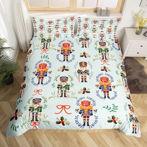 Christmas Nutcracker Duvet Cover Set Single Size,Nutcracker Soldier Bedding Set 2Pcs for Kids Boys Girls Adult Room Decor,Xmas Holly Leaves Comforter Cover Light Green Quilt Cover,1 Pillowcase