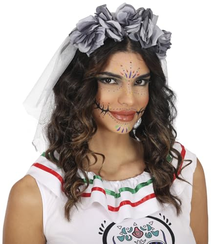FIESTAS GUIRCA | Haarreif mit Schwarzem Schleier und Grauen Blumen - Schickes Zubehör für Halloween und Día de Muertos Kostüme - Tag der Toten Haarreif Ideal für Karneval und Fasching