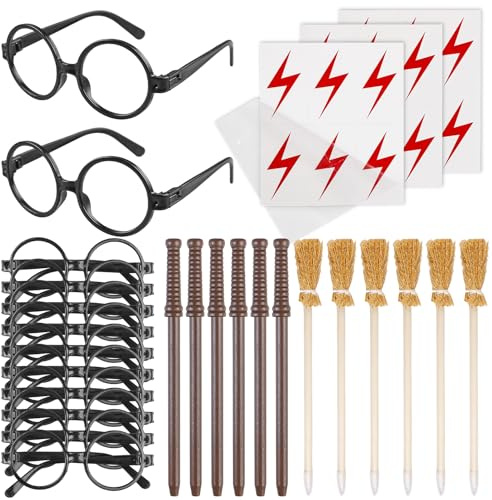 GBKDQQ Juego de 42 accesorios de fiesta de magos: 6 lápices de varita mágica+6 lápices de escoba de bruja+12 piezas marco redondo sin vasos+18 tatuajes de flash, adecuado para fiestas temáticas