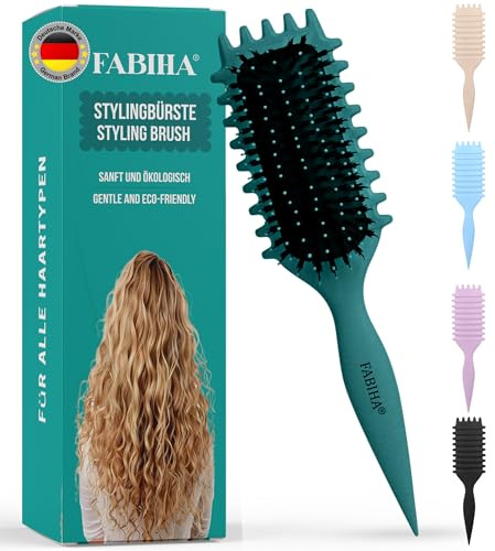 FABIHA® 𝐏𝐑𝐄𝐌𝐈𝐔𝐌 Lockenbürste - curly hair brush - Bio Haarbürste ohne ziepen - Wildschweinborsten Bürste - Die Originale 3-in-1-Stylingbürste für trendige Lockenfrisuren (Blaugrün)