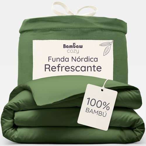 Bambaw Copripiumino una piazza e mezza bambù 200x200 cm, Lenzuola in bambù eleganti, Lenzuolo refrigerante letto una piazza e mezza, Copripiumino antiacaro e anallergico, Lenzuolo per piumone (Oliva)