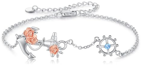 CRWENG Anchor Bracelets for Women 925 Sterling Silver Anchor Bracelet with Rose Charm Nautical Jewelry Gifts for Women with 7+2 inches Cable Chain