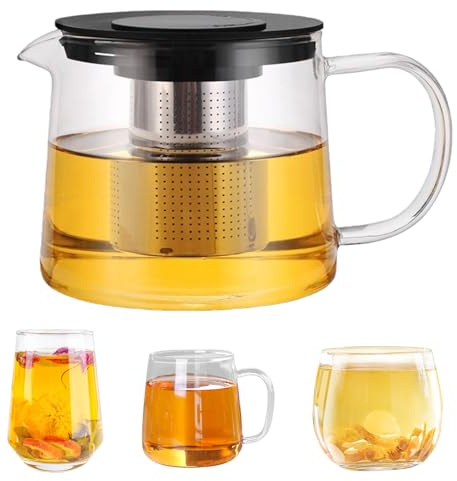 Teiera in vetro borosilicato da 1,5 l con filtro in acciaio inox e coperchio, teiera termica per tè sfuso, adatta a induzione e altri piani cottura