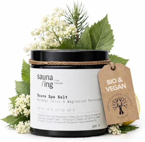 sauna/ing badsalt Björk & Citrongräs 200 g – Magnesiumbad och fotsalt för bastu eller hem – Finsk basturitual – Tillverkad i Finland