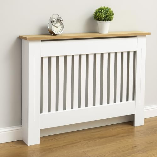 Gr8 Home Wooden Radiator Cover White Modern Painted MDF Storage Shelf Cabinet Unit with Slat Grill 19D x 111W x 83.3H Centimetres