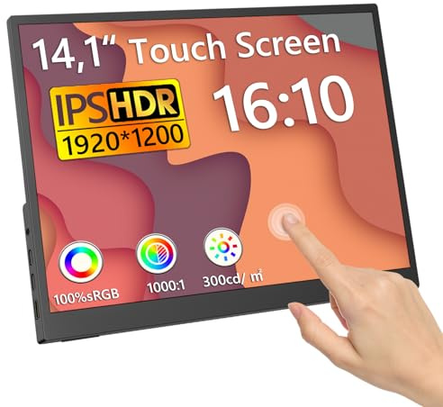 Kyyivwine Monitor de pantalla táctil de 14,1 pulgadas, 1920 x 1200, pantalla IPS con 2 puertos USB-C, HDMI, USB-A, 10 puntos táctiles, monitor portátil ampliado para ordenador portátil, PC, teléfono