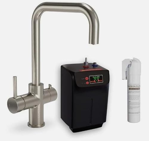 Brushed Steel Designer 3-in-1 Instant Boiling Hot Water Kitchen Mixer Tap System Kit Tap, Tank and Filter