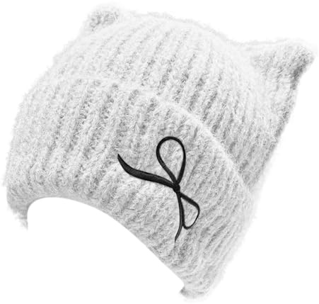Generisch Winter Mütze Herren, Stylische Damen Wintermütze mit Katzenohren Design Schleife Weicher Strick für kalte Jahreszeit Modische Accessoire