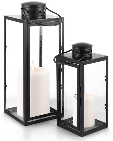 APACALI Set of 2 Candle Lantern, 35cm & 24cm Lanterns for Living Room, Candle Lanterns Indoor with Glass Panes, Decorative Outdoor Lanterns for the Garden, Patio and Wedding Centrepieces, Black