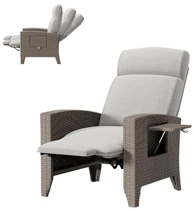 lovtuwr Rattansessel,handgeflochtenem Premium Gartenliege aus PE-Rattan, verstellbar (bis 165°) | Mit Klapptisch & Fußstütze | Wetterfest inkl. Kissen & Abdeckung | Für Balkon & Garten (C-(L))
