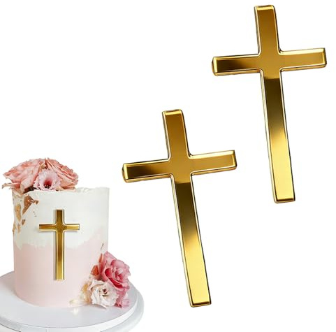 2 Pièces Croix Dorée Decoration Gateau Communion Croix Décoration de Gâteau de Baptême en Acrylique Decoration Communion pour Baptême, Communion, Mariage et Anniversaire