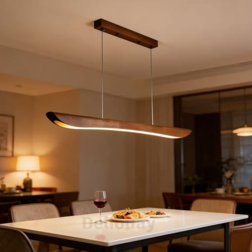 Holz LED Pendelleuchte esstisch Dimmbar Linear Design Hängeleuchte Esstisch lampe Lineare Hängelampe mit Fernbedienung Kronleuchter höhenverstellbar für Esszimmer Büro Küche (Nussbaumholz, 100cm)